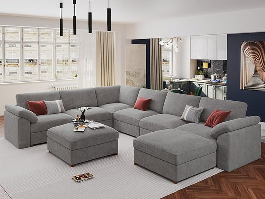 EASE MOOSE Sectional Modular Sofa, Oversized U Shape Sectional Couch Wide Deep seat Sectional Sofa,FSC Certified Comfortable Chenille White Modular Sofa,Detachable and Washable