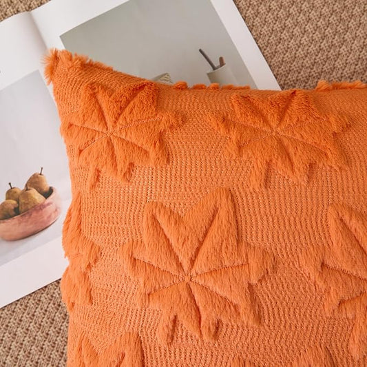 Kevin Textile Maple Leaf Pillow Covers 18x18 Inch Set of 2 Fallen Leaves Embroidery Decor Soft Plush Faux Fur Throw Pillows Pillowcases for Holiday Harvest Decor Sofa Couch Bedroom, Orange