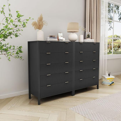 Fluted 5 Drawer Tall Dresser for Bedroom, Mid Century Modern Nightstand with Drawers, Tall Bedside Table for Closet Cloth, Living Room End Table with Storage for Dorm -Black