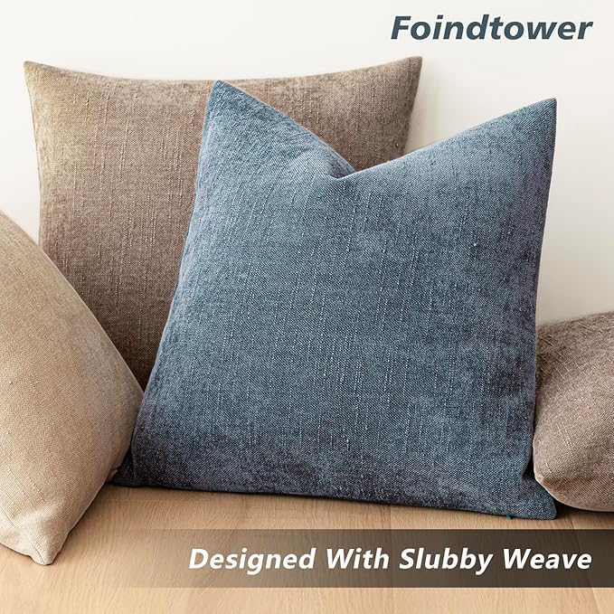 Foindtower Pack of 2 Soft Textured Chenille Throw Decorative Pillow Covers Square Accent Solid Cushion Cover Cozy Neutral Farmhouse Pillow Case for Couch Sofa Bedroom Living Room 22x22 Inch,Blue