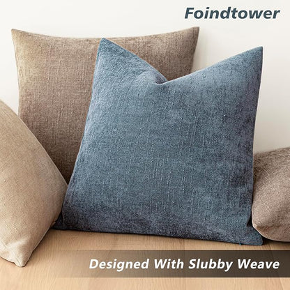 Foindtower Pack of 2 Textured Chenille Throw Decorative Pillow Covers Square Accent Solid Cushion Cover Neutral Farmhouse Lumbar Pillow Case for Couch Sofa Bedroom Living Room 12x20 Inch,Blue