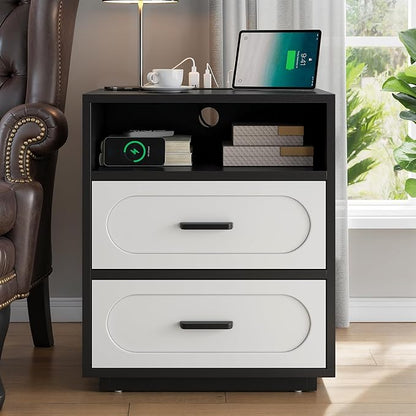 Nightstand with Charging Station, 21.7" Wide Bedside Table with 2 Storage Drawers & Open Shelf, Mid Century Modern Wood End Table for Bedroom, Living Room, Black/White