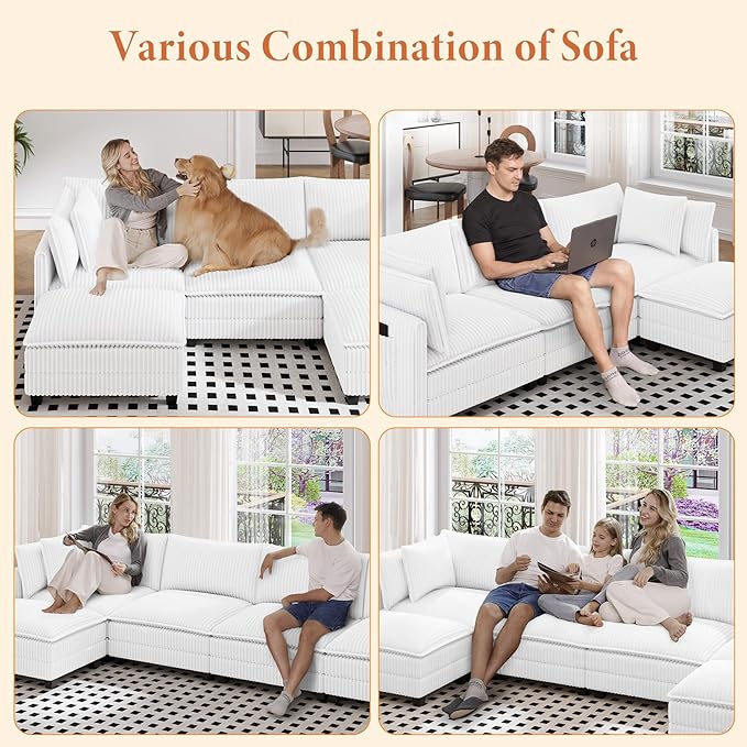 Vesgantti 143" L Shaped Modular Sectional Sofa, Comfy Corduroy Upholstered Modular Sectional Couches for Living Room, Modern Cloud Couch with Ottoman Deep Seat, Warm White