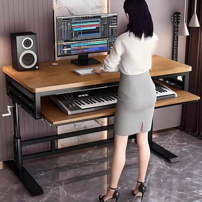 Studio Desk with Keyboard Tray | Hand-Crank Adjustable Standing Desk Workstation for Music Production, Cable Management, MIDI Keyboard Shelf (White, 47in)