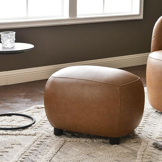 KINWELL 23" Wide Faux Leather Upholstered Ottoman, Mid-Century Modern Living Room Footrest with Soft Padded Seat, Footstool for Bedroom, Entryway or Living Room, Camel