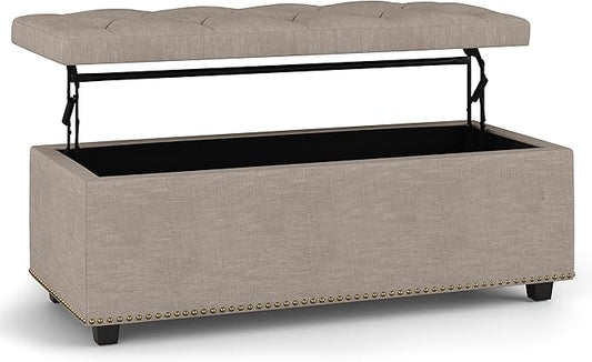 SIMPLIHOME Hamilton 44 inch Wide Traditional Rectangle Lift Top Rectangular Storage Ottoman in Natural Linen Look Fabric, Assembled, For the Living Room, Entryway and Family Room