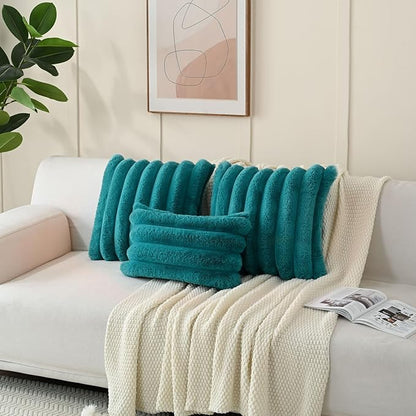 FUTEI Teal Decorative Throw Pillow Covers 16x16 Inch Set of 2, Square Soft Faux Rabbit Fur Thick Striped Cushion Cover,Winter Home Decor for Couch Bed Living Room