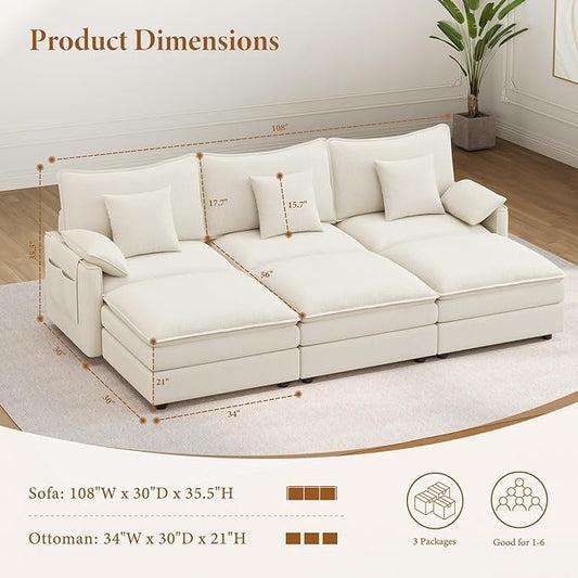 Vesgantti 108" Sectional Sleeper Sofa, 6-Seater Oversized Modular Cloud Couch with Movable Ottoman, Chenille Large Sofa Bed Convertible Deep Seat Couches for Living Room, Bedroom and Apartment, White