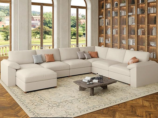 EASE MOOSE Faux Leather Sectional with Ottoman, Oversized Modular Couch, Modular Sectional Sofa with Deep Seat, Scratch Resistant Faux Leather Material, U Shaped Couch for Big Spaces, Beige