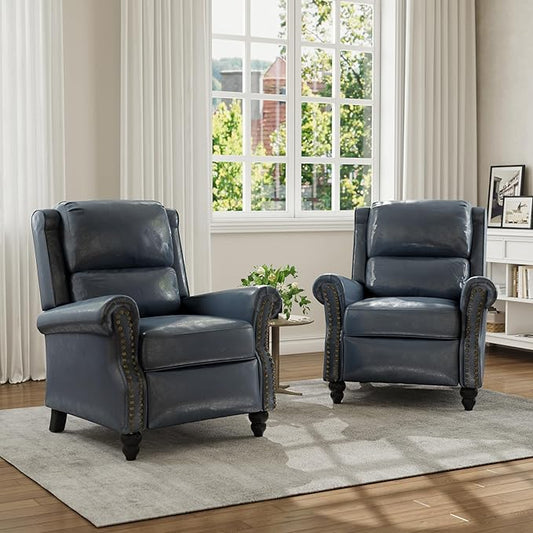 Faux Leather Recliner Chair, Modern Pushback Armchair with Adjustable Backrest & Footrest for Bedroom, Living Room (Dark Blue, Set of 2)