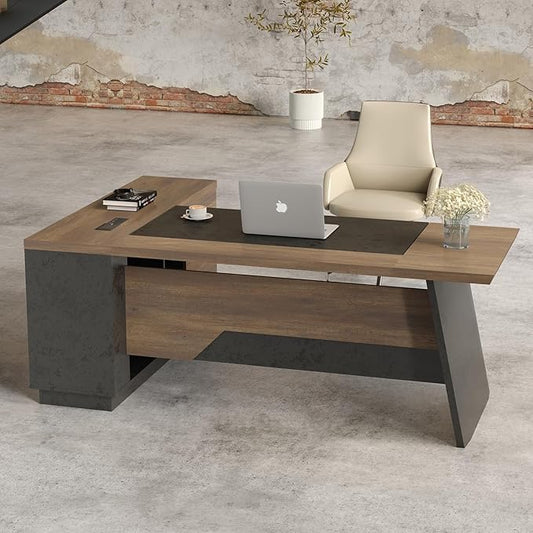 L Shape Executive Desk, Large Office Desk with Drawers & Shelves, 78.74 Inches Industrial Wooden Desk with Storage, Modern Computer Desk for Home Office, Black and Brown, Right Side