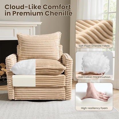 Swivel Accent Chair Set of 2, Modern Sofa Chairs for Living Room, Plush Upholstered Cloud Chair with Double Layer Thick Cushions, Bedroom Reading Nook Armchair, Beige