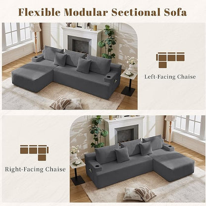 106" Cloud Sectional Couch, Modular Sectional Sofa with L-Shape Chaise, Corduroy Boneless Couch with Deep Seat, Upholstered Sofa for Living Room, No Assembly Required(Left-Facing Chaise, Dark Grey)