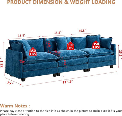 Aoowow Modular Sectional 3 Seater Cloud Sofa Couch for Living Room,Roomy Cloud Sofas with Deep Seat,Modern Chenille 3 Seat Sofas,Fluffy Cloud Couches for Bedroom,Apartment,Office (Blue, 3 Seater)