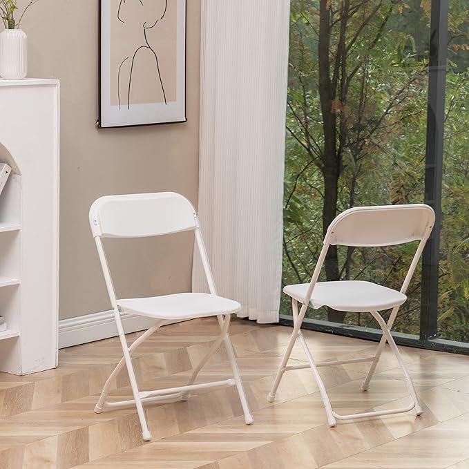 BTEXPERT® Set of 2 Pack, White Plastic Folding Chair Steel Frame Commercial High Capacity Event Chair Lightweight Set for Office Wedding Party Picnic Kitchen Dining Church School