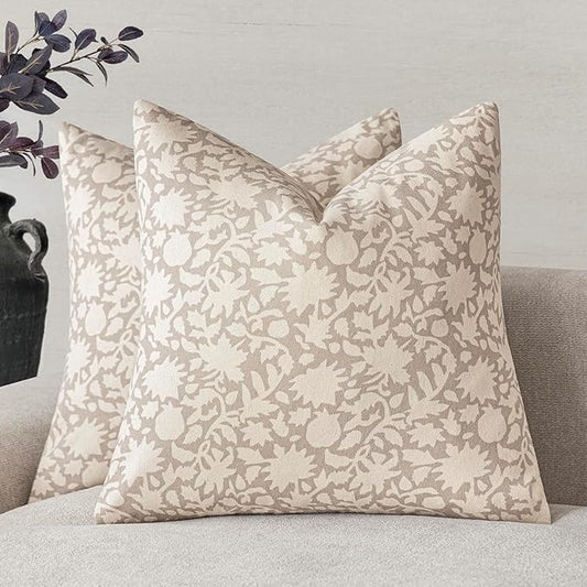 Foindtower Set of 2 Decorative Neutral Floral Throw Pillow Covers Accent Farmhouse Cushion Covers Boho Vintage Pillowcase for Couch Sofa Bedroom Living Room Home Decor,20×20 Inch,Ivory Beige