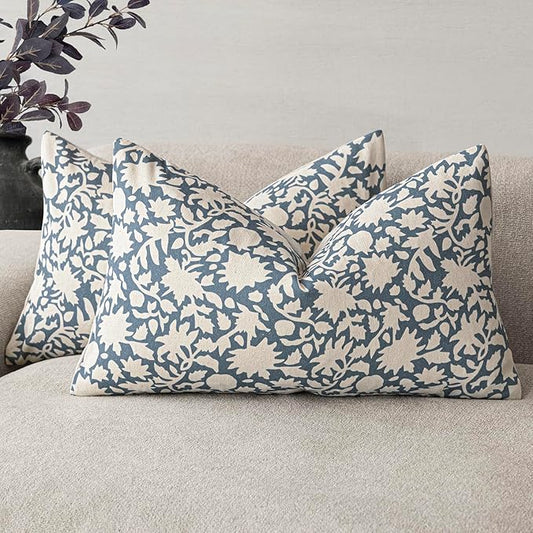 Foindtower Set of 2 Decorative Neutral Floral Throw Pillow Covers Accent Farmhouse Cushion Covers Boho Lumbar Pillowcase for Couch Sofa Bedroom Living Room Home Decor,12×20 Inch,Dusty Blue