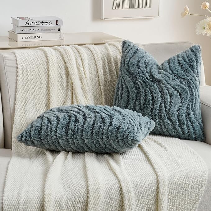 FUTEI Blue Decorative Throw Pillow Covers 20x20 Inch Set of 2,Soft Faux Fur Geometric Shapes Texture Cushion Case,Boho Home Decor for Couch Bed Living Room