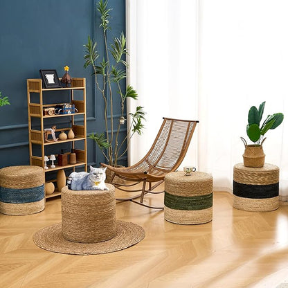 Wimarsbon 18'' Ottoman Pouf, Natural Braided Poof, Rustic Handweave Lounge Pouffe, Boho Footrest Stool for Bedroom, Accent Table for Living Room (18inch Natural Cattail + Black Corn Husk)