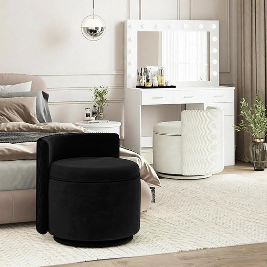 360° Swivel Accent Chair with Storage, Vanity Stool with Back, Velvet Storage Ottoman, Upholstered Round Barrel Vanity Chair for Living Room, Makeup Room, Bedroom (Black)