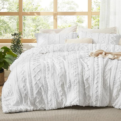 Bedsure Tufted Boho Comforter Set California King - Bright White Boho Bed Set, GentleSoft™ 3 Pieces Farmhouse Shabby Chic Embroidery Bedding, Gifts for Woman, Soft Jacquard Comforter for All Seasons