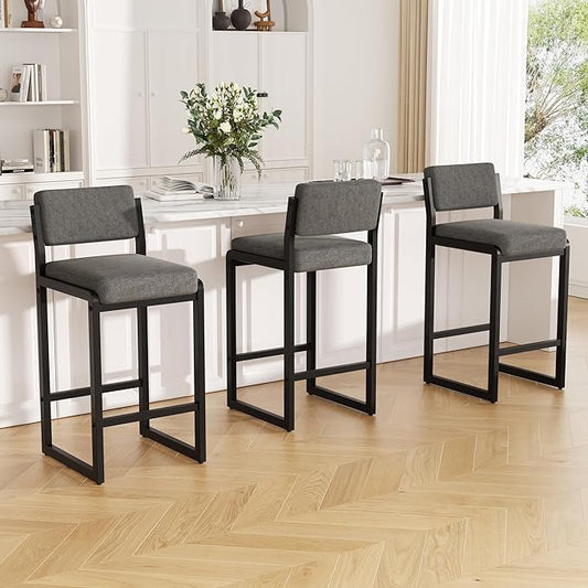 Bar Stools Set of 3, Fabric Counter Height Bar Stools with High Back and Metal Legs, Upholstered Bar Chairs, 26" Modern Barstools for Kitchen Island, Grey