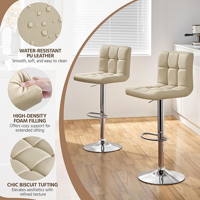Yaheetech Bar Stools Set of 4, Adjustable PU Leather Swivel Barstools, Modern Counter Stools with Back and Footrest, Counter Height Barstools for Bar, Kitchen, Dining Room, Khaki