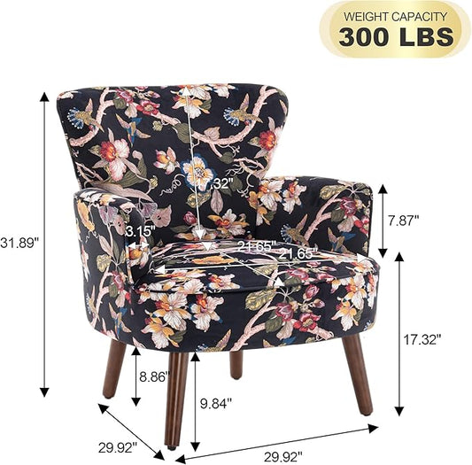 Floral Accent Chair Set of 2, Upholstered Living Room Chairs with Solid Wood Legs, Mid Century Modern Velvet High Back Armchair for Bedroom, Living Room, Black