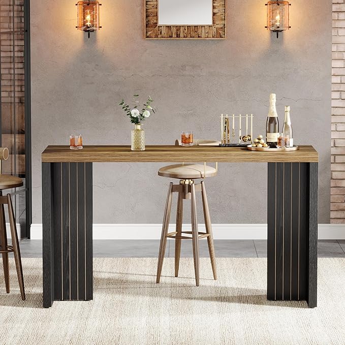 Tribesigns Home Bar Unit, 55.12-Inch Bar Table with a Spacious Tabletop, Modern Freestanding Mini Bar for Home Kitchen, Living Room, Balcony, Basement, Brown & Black (Set of 2)