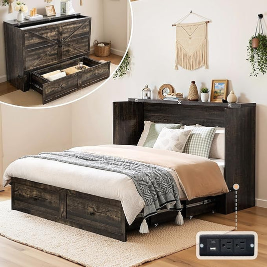 Full Murphy Bed with Storage and Charging Station, Farmhouse Cabinet Bed, Noise-Free, for Guest Room, Apartment, or Office, Black Oak