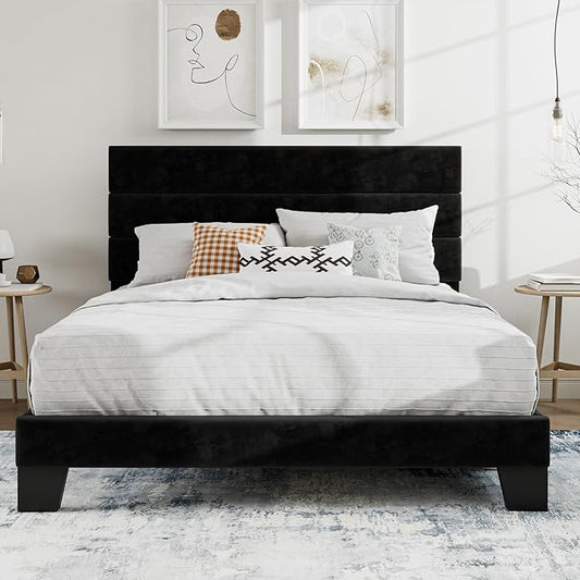 SHA CERLIN Full Platform Bed Frame with Velvet Upholstered Headboard, Mattress Foundation with Strong Wooden Slats Support, No Box Spring Needed, Black