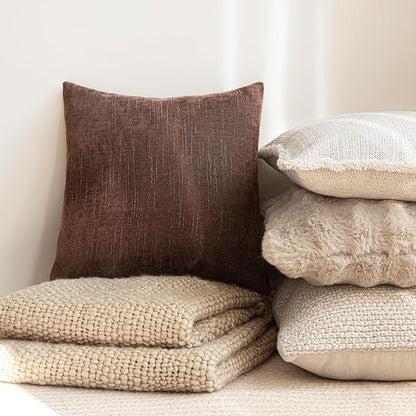 Foindtower Pack of 2 Soft Textured Chenille Throw Decorative Pillow Covers Square Accent Solid Cushion Cover Cozy Neutral Farmhouse Pillow Case for Couch Sofa Bedroom Living Room 16x16 Inch,Red Brown