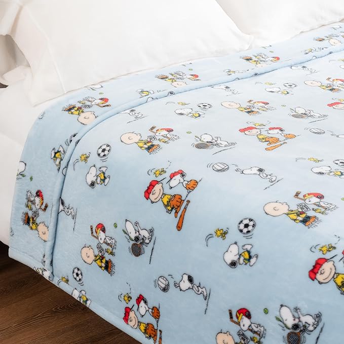 Berkshire Blanket Peanuts® VelvetLoft® Cute Character Snoopy Plush Blanket,Snoopy The Athlete Closed in Blue,King 90 in x 108 in (Official Peanuts® Product)