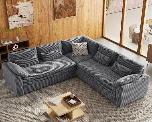 Belffin Large Modular Sectional Sofa with Double 61" Loveseat, Corduroy Corner Couch with 9" Soft Dual-Layer Seats Cushion for Living Room, Apartment, Small Sapce, Light Grey