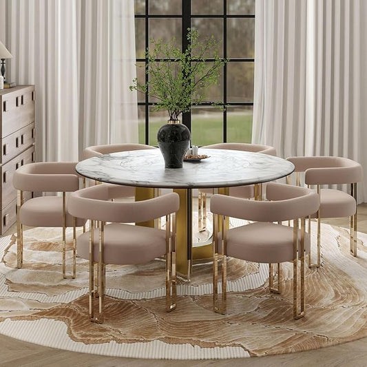 Velvet Dining Chairs Set of 6, Khaki Upholstered Barrel Armchairs with Gold Metal Legs for Kitchen Island, Mid Century Modern Accent Side Chairs for Dining Room and Living Room, Open-Back
