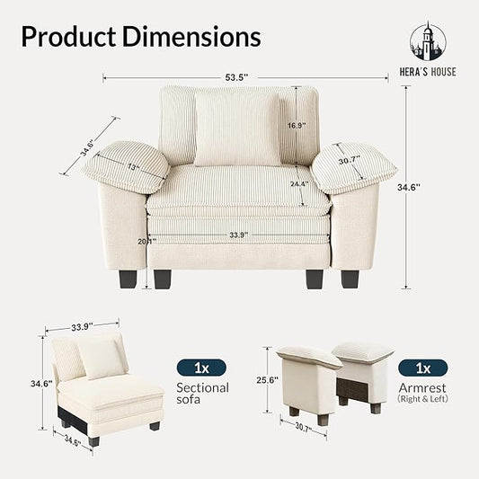 HERA'S HOUSE Oversized Modular Sectional Sofa, 54" Armchair Cloud Couch Mixed Fabric Sleek Couches for Living Room, Beige
