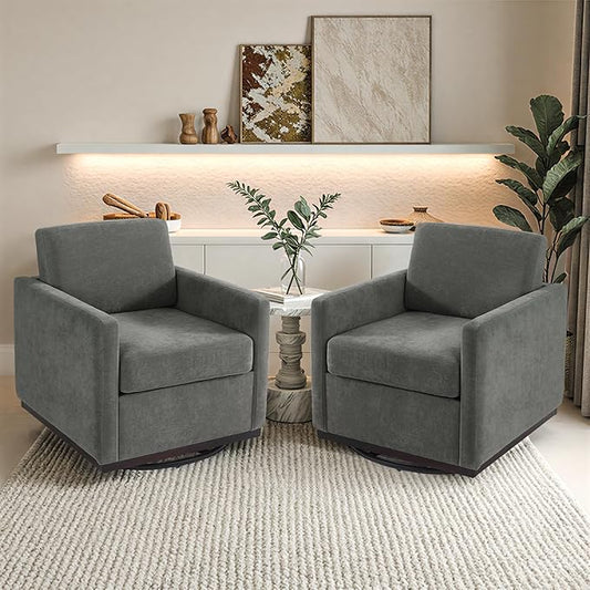 Pia Ricco Plush Swivel Barrel Chair Set of 2 - Mid-Century Modern Accent Armchairs in Soft Chenille for Living Room & Cozy Reading Nook, Dark Gray
