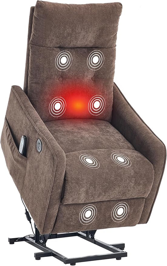 PELUMY Manual Lift Recliner Chair with Massage and Heat for Elderly, Single Motor Electric Lift Chair, Heavy Duty Recliner with USB Charging & Side Pockets (Chenille, Brown)
