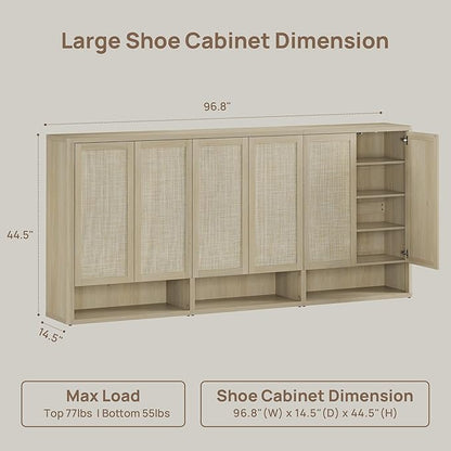 SICOTAS Rattan Shoe Storage Cabinet - Modular Shoe Cabinets with Door Tall Large Shoe Cabinet Storage for Entryway - 96.8" Wide Modular Cabinet for Hallway, Living Room