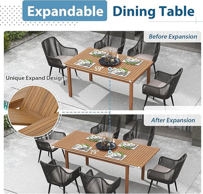 JOIVI Outdoor Dining Set for 6, 7 Pieces Patio Dining Table and Chairs Set, Rattan Rope Patio Outdoor Furniture Set with Wood Extendable Dining Table for Deck, Backyard, Indoor Dining Room, Black