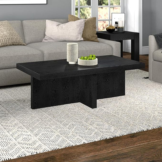 Henn&Hart 44" Fluted Rectangular Wood Pedestal Low-Profile Coffee Table for Living Room, Family Room or Office, Black Grain