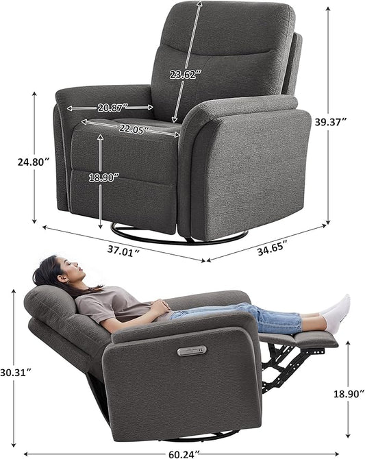 VANOMi Power Recliner Chair Swivel Glider, Electric Rocking Recliner Chairs with USB and Type-C Ports, Nursery Chair Recliner for Office, Living Room, Bedroom（Dark Gray）