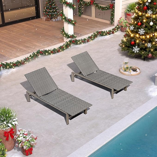 PURPLE LEAF Patio Oversized Chaise Lounge Rattan Chair Set of 2 Outdoor Pool Adjustable Recliner Wicker Chairs for Outside Woven Furniture Tanning Poolside Lounger Granite Gray