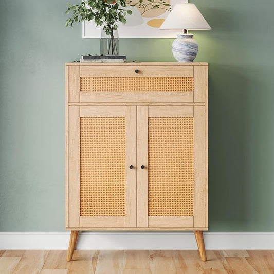 Rattan Storage Cabinet, 2-Door Oak Sideboard with Drawers, Buffet Sideboards with Storage, Elegant Boho Design for Dining Room or Living Room, 1 Drawer for Extra Organization