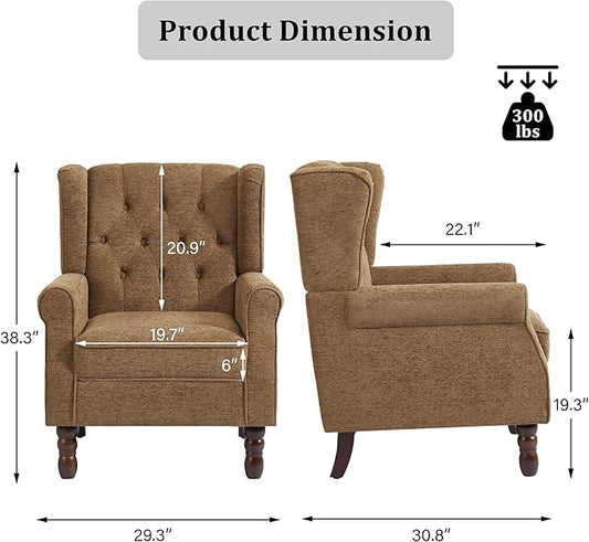 High Back Accent Chair, High Wingback Chair for Living Room, Button-Tufted Upholstered Fabric Armchair with Solid Wood Legs, Comfy Single Sofa Reading Chair for Bedroom, Brown