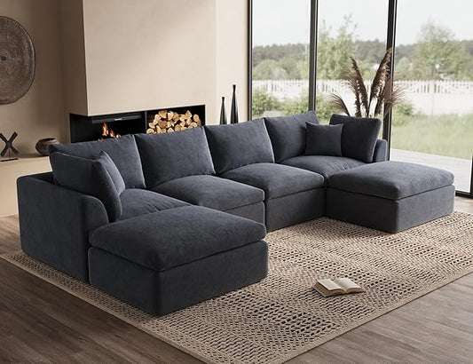 Oversized Cloud Sectional Couches for Living Room, Boneless U Shaped Couch with Ottoman, 4 Seater Modular Sectional Sofa, Dark Grey
