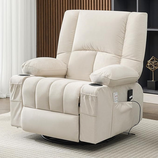 Swivel Rocker Chair with Heat and Massage, 270° Power Recliner Chairs for Adults, USB and Type-C Ports, Oversized Recliner Single Sofa, Electric Glider Chair(Beige)