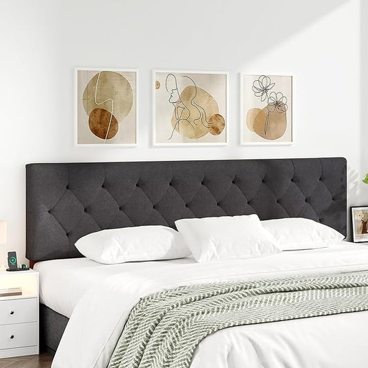 King Upholstered Headboard Only for Bed Frame from 65”-78”, Adjustable Height King XL Headboards with Durable Wood Legs, Fabric Bed Board in Modern Button Design, Dark Grey