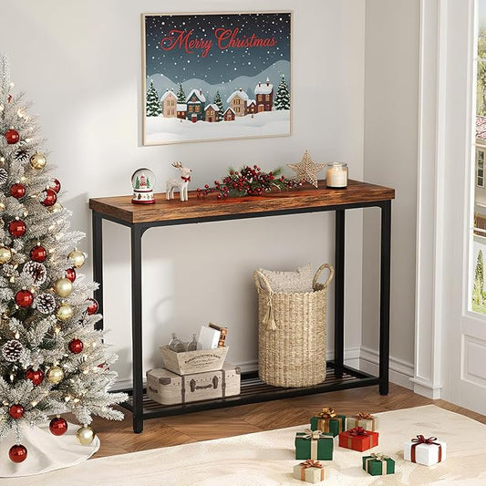 32" Small Console Table, 2-Tier Narrow Entryway Table, Sofa Table with Mesh Shelves, Console Tables for Living Room, Hallway, Entryway, Farmhouse Console Table with Storage, Rustic Brown