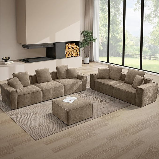 WILLOVE Modular Sectional Sofa Set, Chenille Cloud Couch with Wide Armrests & 8 Pillows, Deep Seat Couches for Living Room, 2+4-Seater Khaki